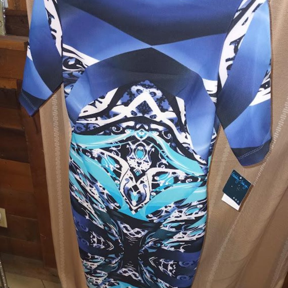 GABBY SKYE| Blue- Multi Color | Short Sleeve |Square Neck Dress